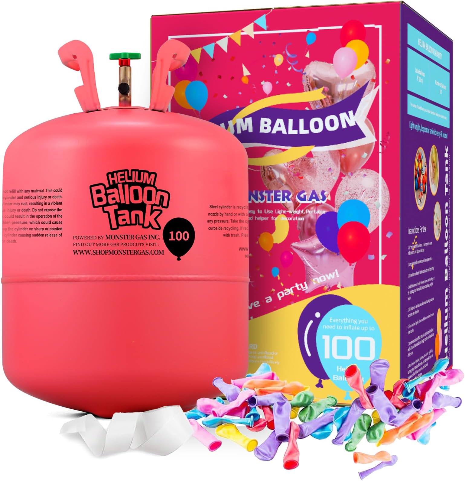 Monster Gas 22L Helium Tank For Balloons At Home, Balloon Helium Tank Up To 100 Latex Balloons, Small Helium Tanks