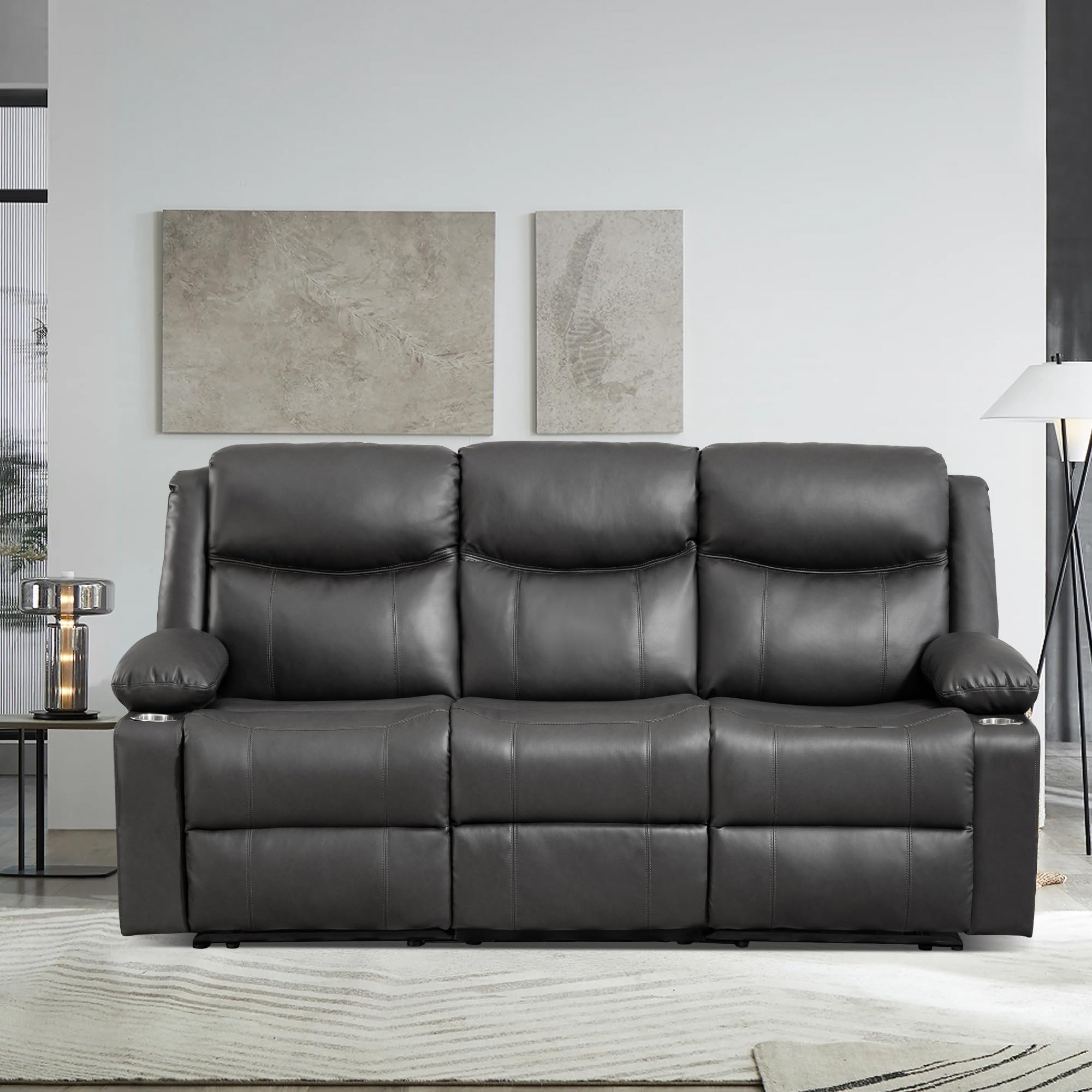CALIVIA Manual Reclining 3-Seater Sofa with Heat & Massage, PU Leather Recliner Couch for Living Room, Faux Leather Upholstery, Deep Cushions & Sturdy