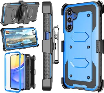 Njjex Rugged Case for Samsung Galaxy A15 5G, for Galaxy A15 5G Case, [Nbeck] Heavy Duty Built-in Screen Protector Locking Swivel Holster Belt Clip Kickstand Hard Shell Cover for Samsung A15 5G [Blue]