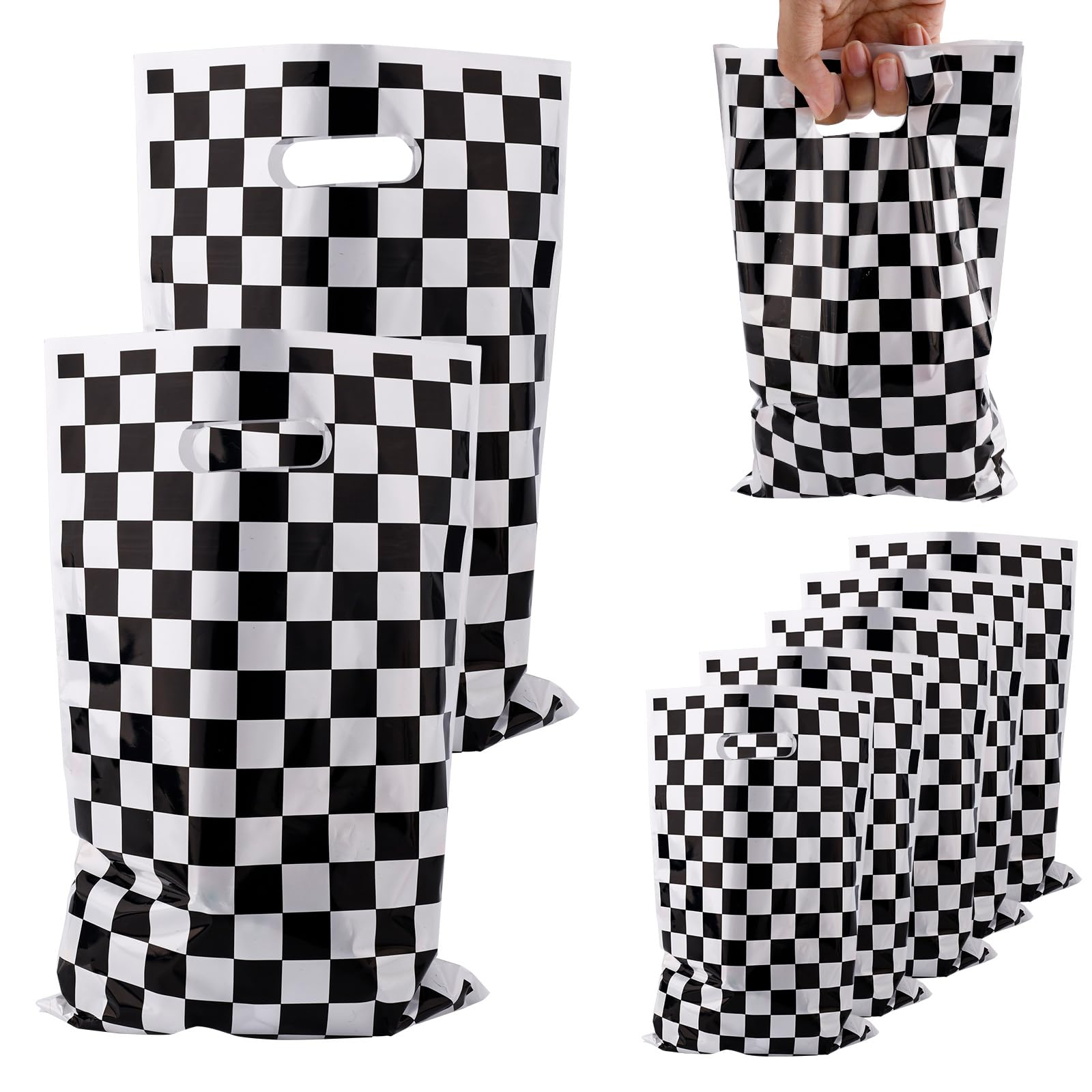 BOXOB 50pcs Race Car Party Favors Bags, Black & White Checkered Goodie Snack Candy Bags Race Car Birthday Party Decorations for Gift Packaging