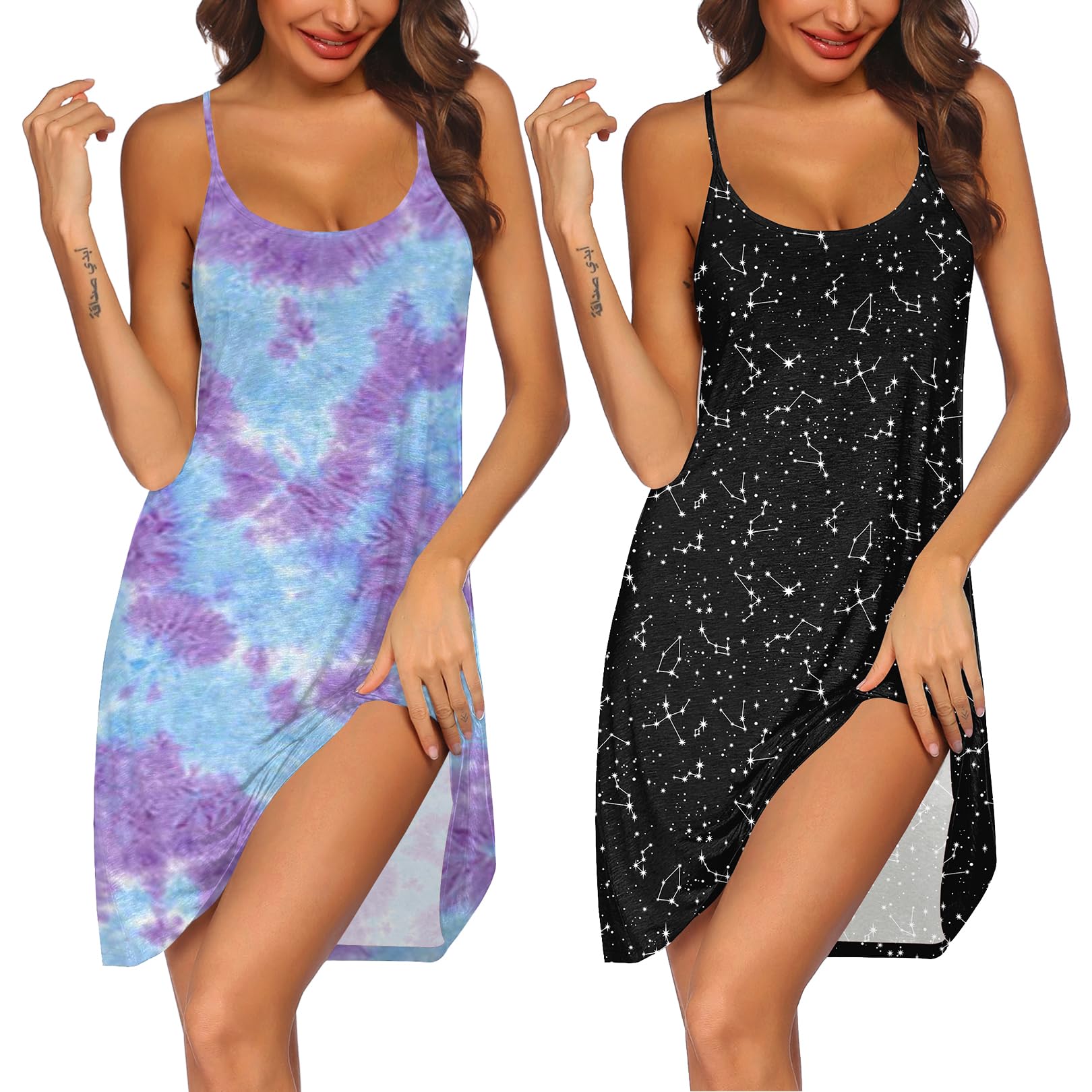 Ekouaer 2 Pack Nightgown for Womens Nightshirt Sleepwear Sleep Tank Chemise Racerback Sleeveless Dress