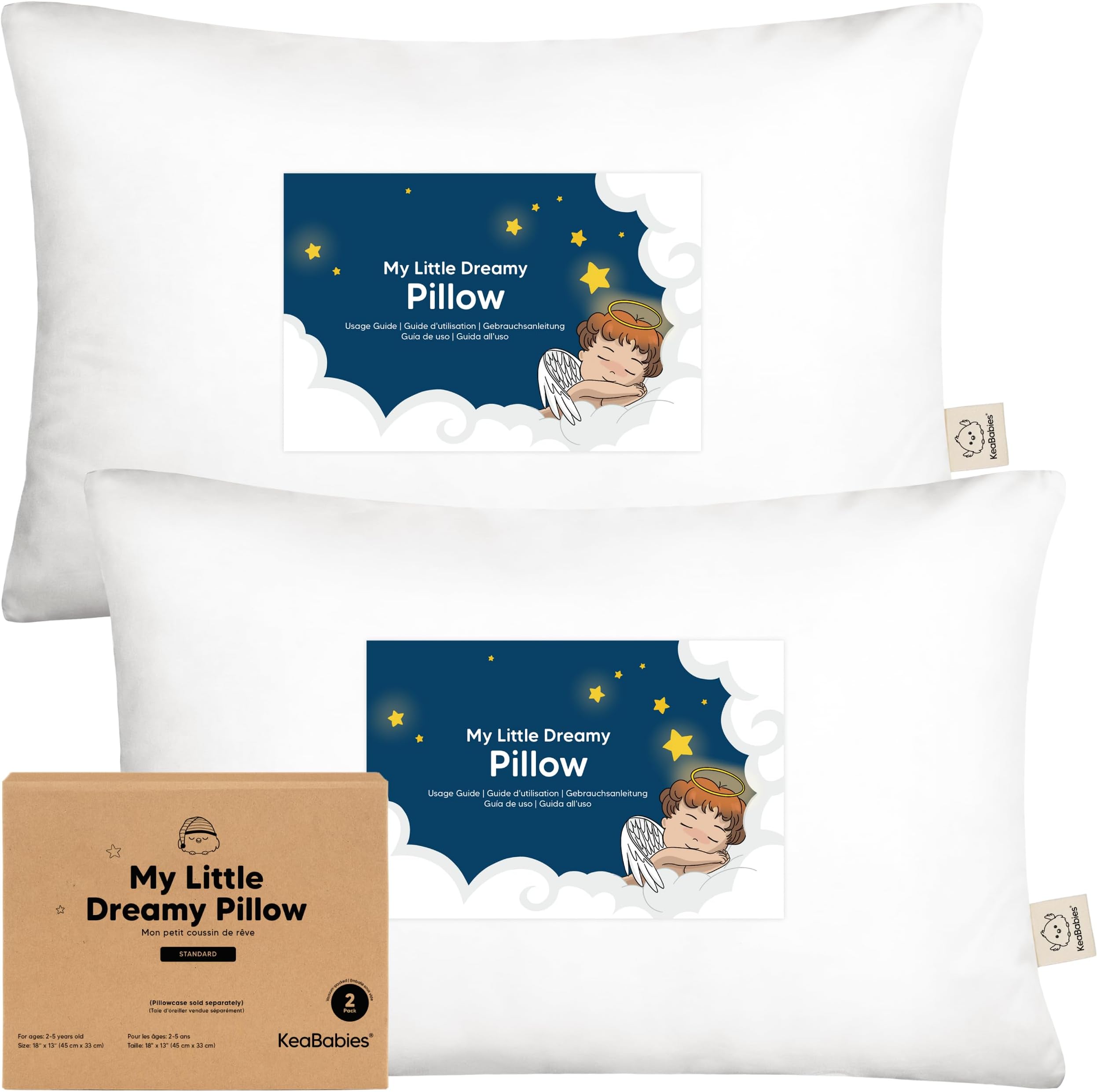 KeaBabies 2-Pack Toddler Pillow 13x18 - Soft Organic Cotton Kids Travel Bed Pillows for Sleeping, School, Nap, Machine Washable, Toddlers 2 to 5, Pillowcase Sold Separately (Soft White).