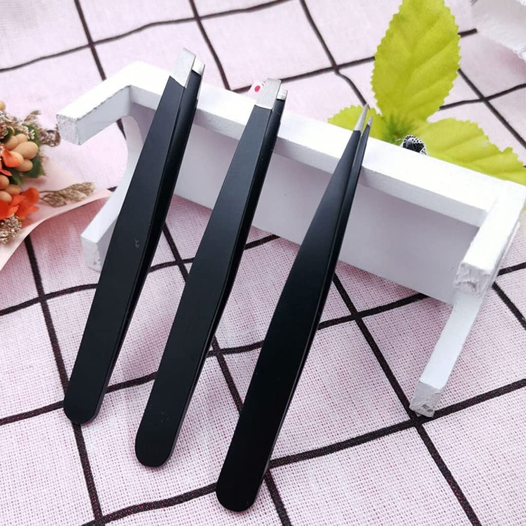Set di 3 pinzette per sopracciglia, in acciaio inox, kit di strumenti per la rimozione dei peli con punte appuntite, oblique e piatte, in custodia portatile