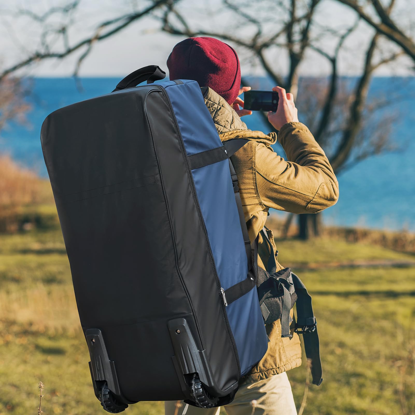 Vomgomfom 32“ Soft-Sided Zusammenklappbar Reisetasche auf Rädern, 110L erweiterbar 140L Rollende Sporttasche mit Passender Aufbewahrungstasche, Marineblau