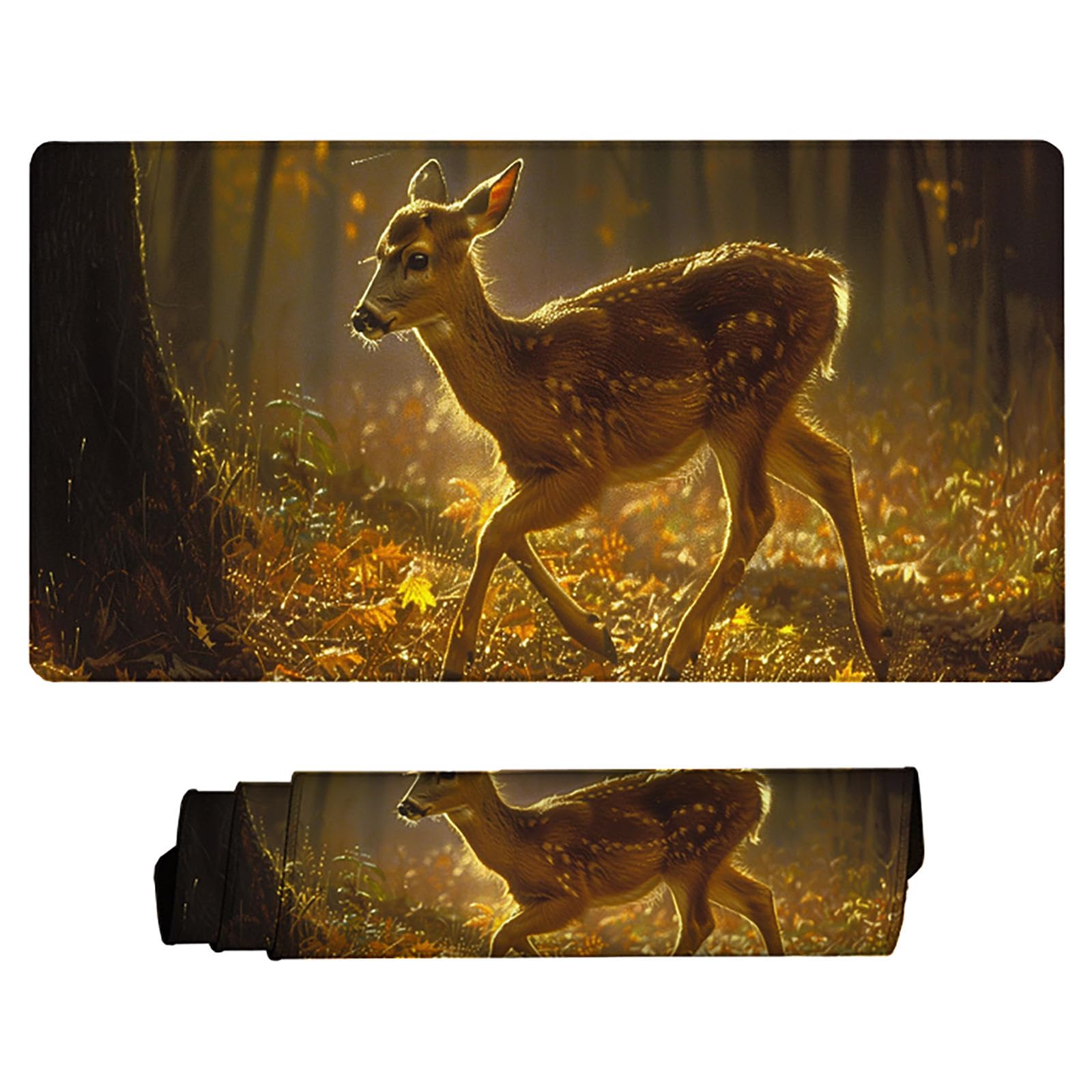 Żółta podkładka pod mysz XXL, podkładka na biurko, 1200 x 600 cm, szyte krawędzie, podkładka pod mysz, gumowa podstawa, jeleń, stabilna przyczepność na gładkich powierzchniach, poprawia precyzję, do