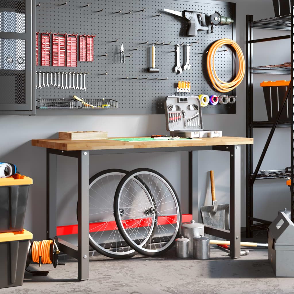 Banco da lavoro in legno di acacia massiccio, 140 x 60 x 83 cm, con struttura in metallo verniciato a polvere, rettangolare, per officina, garage, cantina, sala hobby