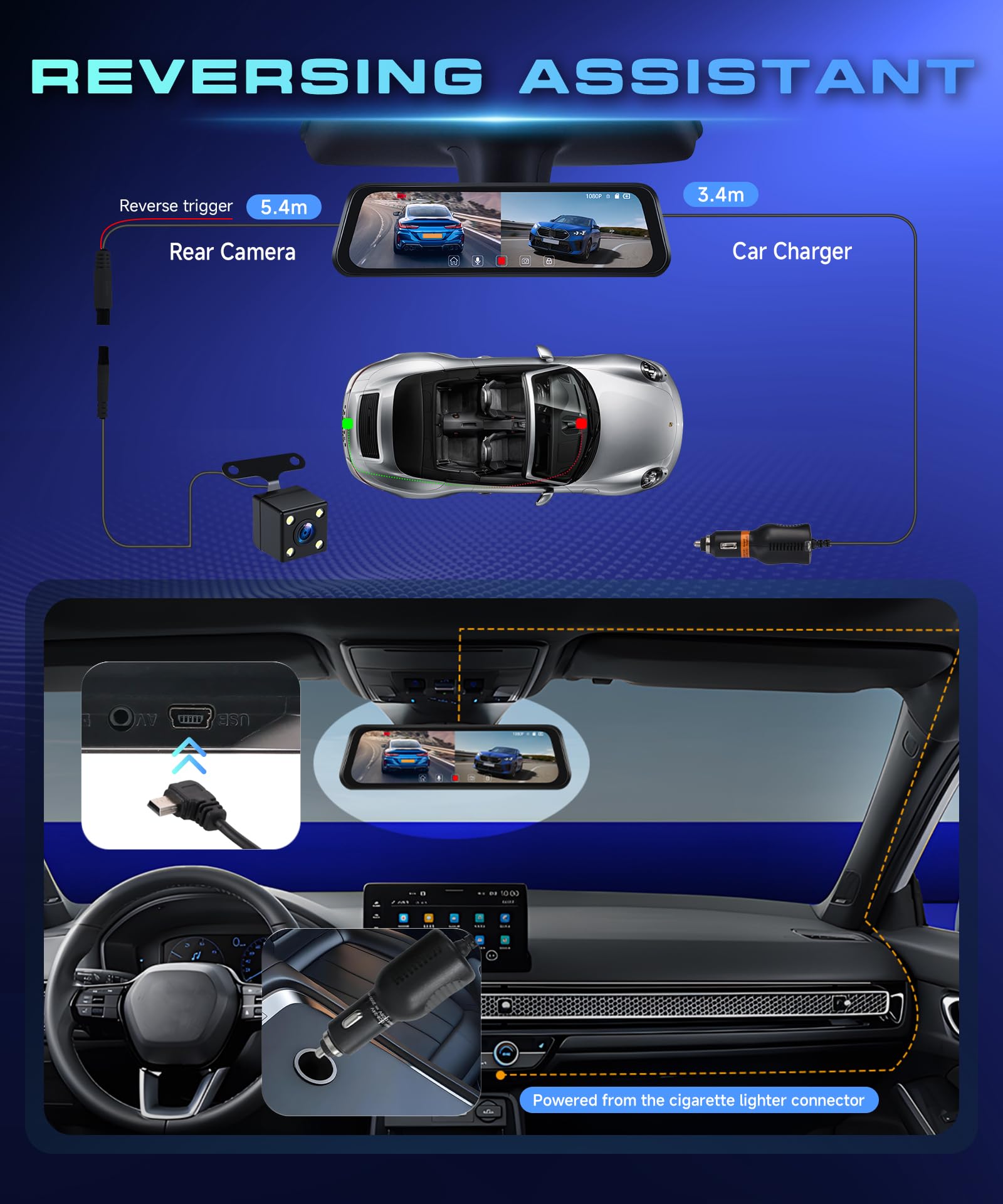 Rimoody Espejo Retrovisor Coche Dash CAM Cámara, 9.66 Pulgadas Pantalla Táctil IPS Espejo Dashcam HDR Vista Delantera y Trasera Cámaras 1080P/Visión Nocturna/Detección de Movimiento/Grabación en Bucle