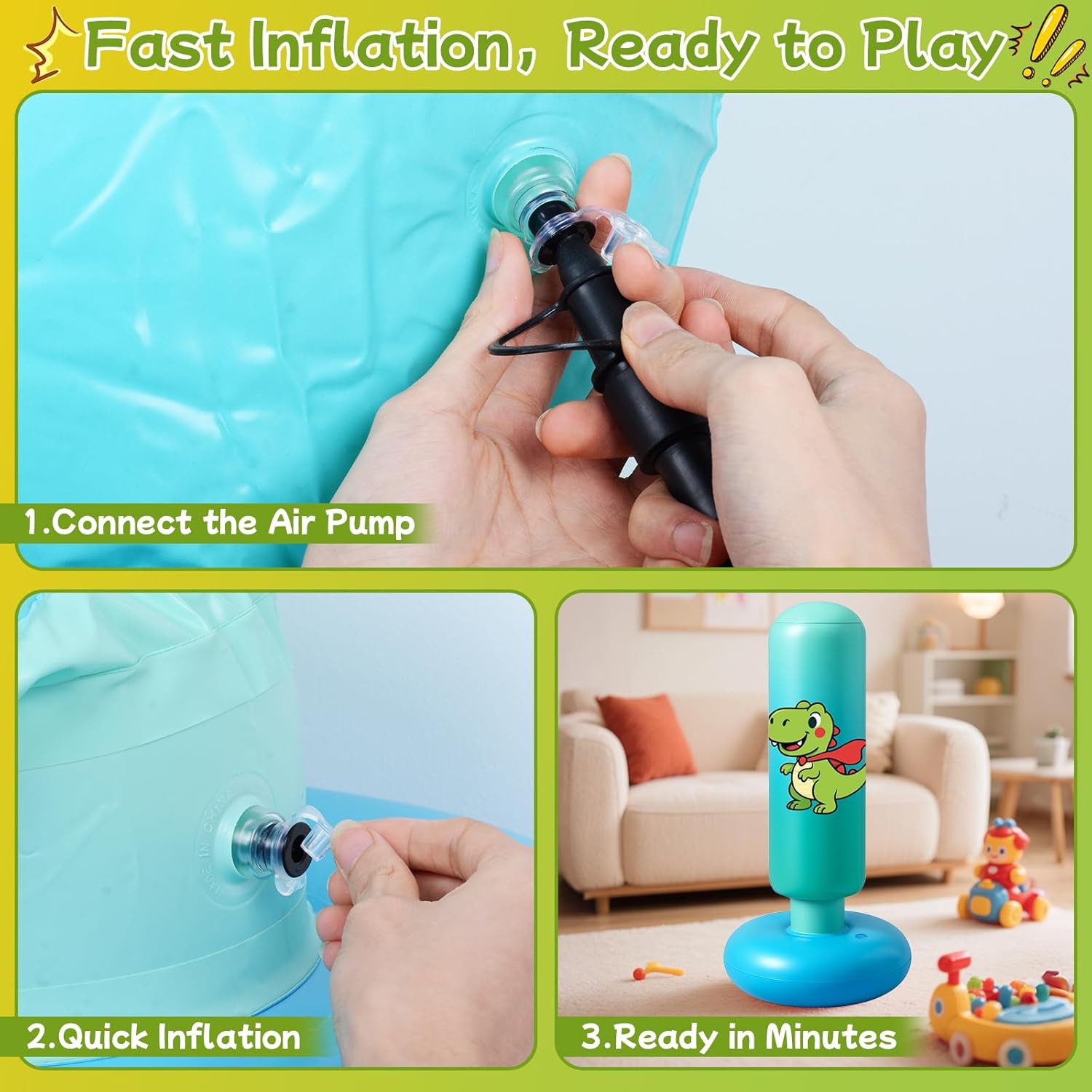 Inflatable Punching Bag for Kids: Qoosea 48 Inches Kids Punching Bags with Boxing Gloves & Air,Pump Blue Dinosaur Design Gift for Toddler & Kid Ages 3-10,Easy to Inflate,Durable Safe Punch Bag