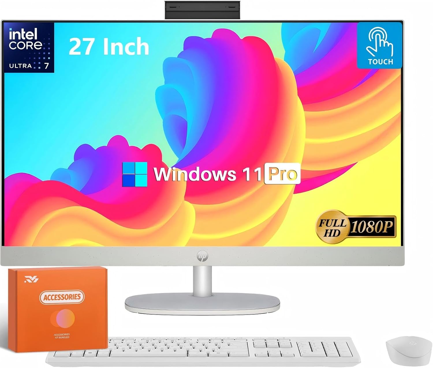 HP 27" FHD Touchscreen Business All-in-One Desktop, Intel 12-core Ultra 7 155U (Beats i7-1355U), 64 GB DDR5, 2 TB SSD, Intel GPU, FHD IR Camera, Wireless KB & Mouse, Wi-Fi 6, Win 11 Pro, Accessories