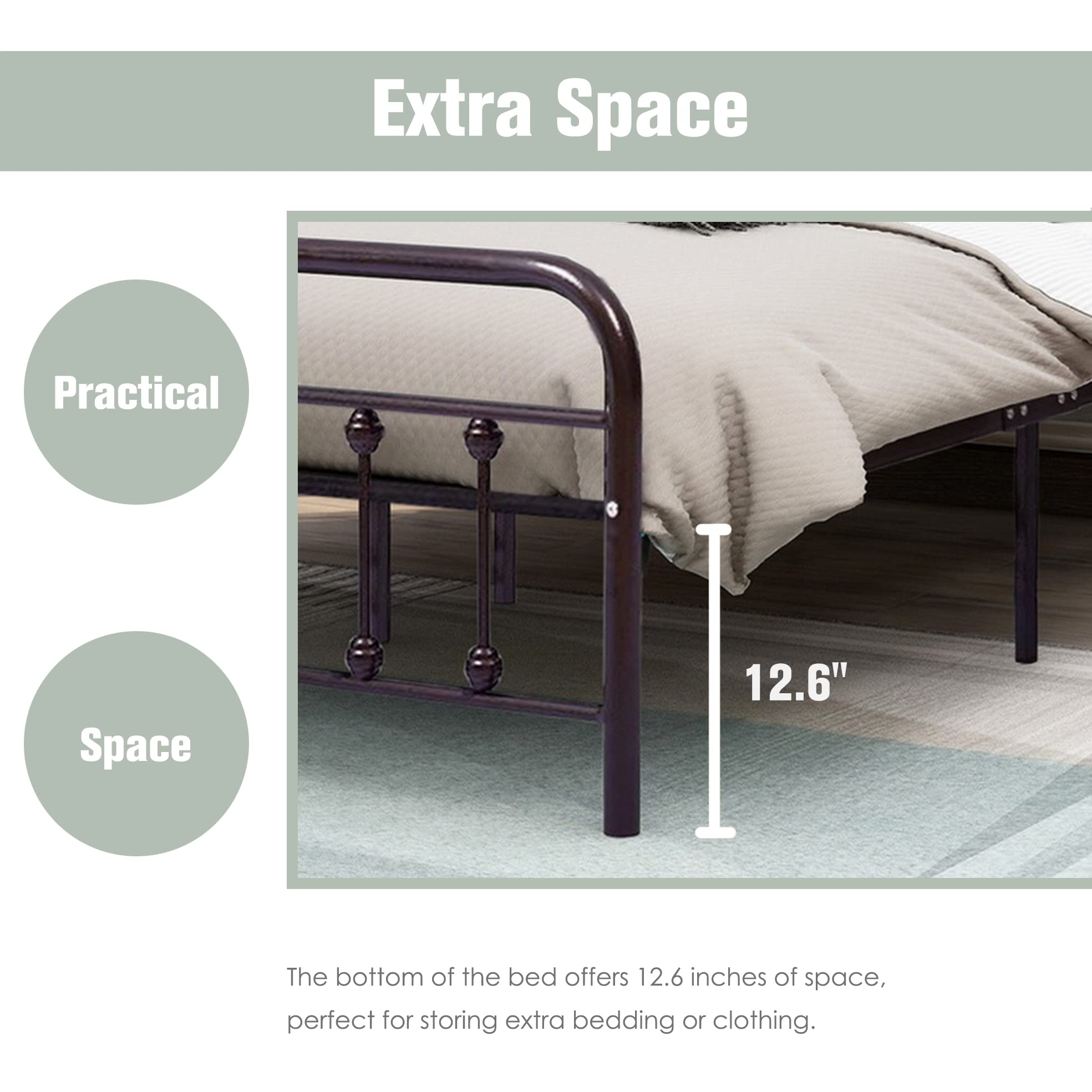 RYR Victorian Metal Platform Full Size Bed Frame with Headboard Footboard,No Box Spring Required Brown