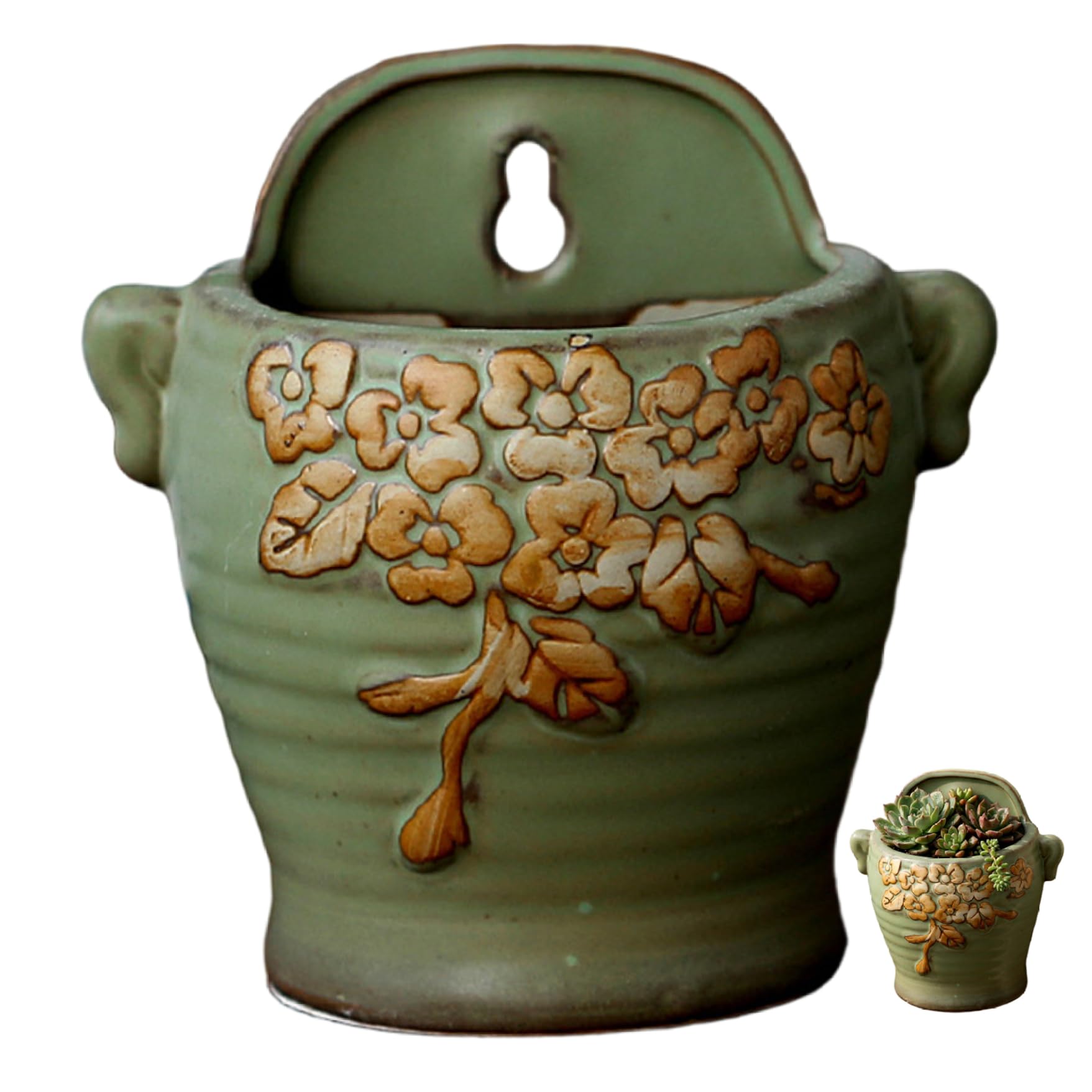Monwssoe Vintage Ceramic Wall Planter, Green Wall Hanging Planter with Retro Design for Indoor Outdoor Plants, Small succulents Flower Pot Holder