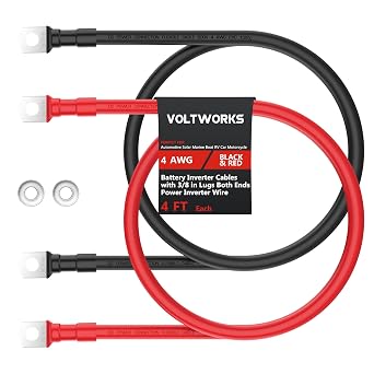4 AWG Gauge Red + Black Pure Copper Battery Inverter Cables Solar, RV, Car, Boat 4ft 3/8 in Lugs