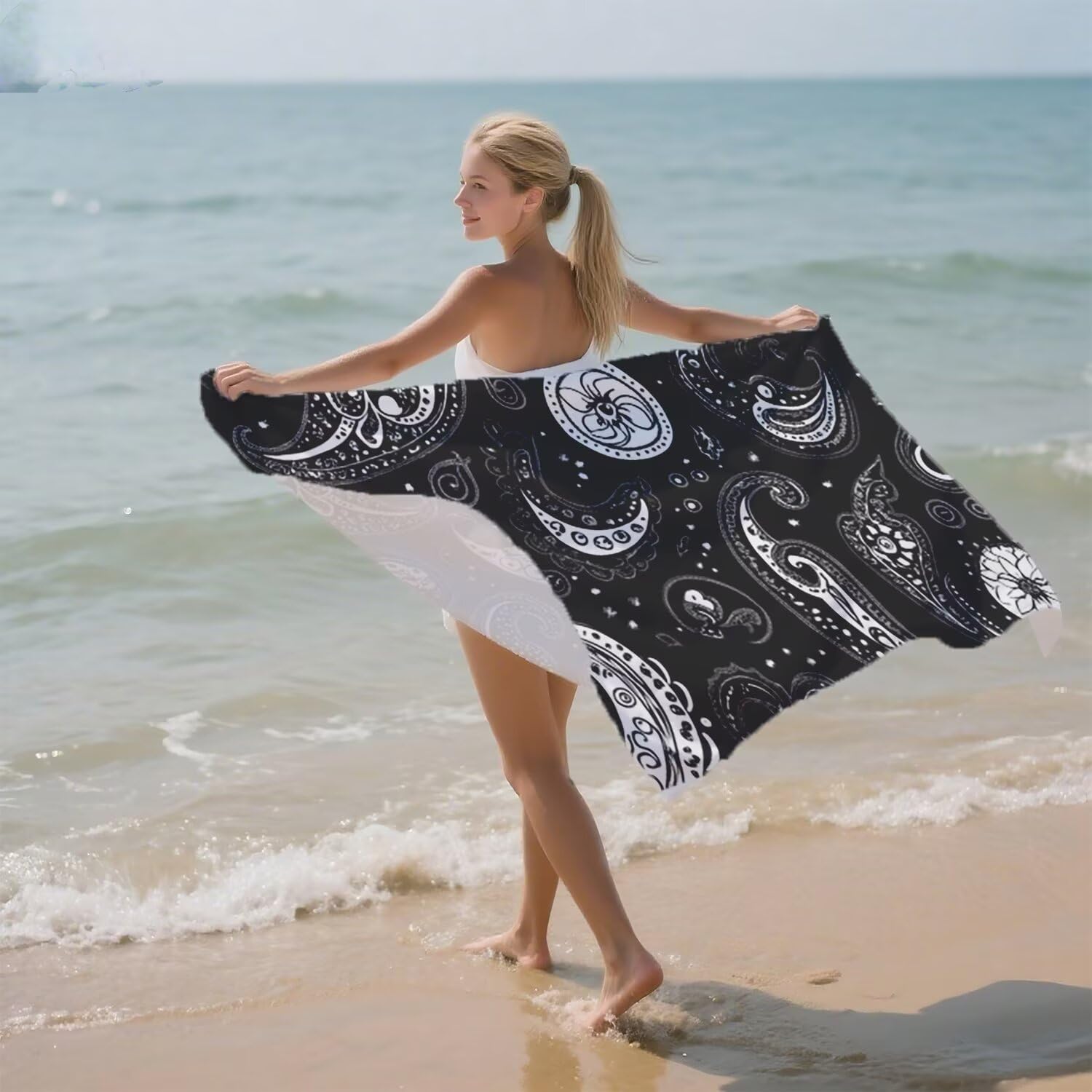Toalla Playa Grande 160x220 Toalla Playa Microfibra, Ligera Secado Rápido, Sin Arena Portátil Toallas para Viajes, Hombre, Mujer Toallas, para Natación, Camping, Gimnasio (Negro Bohemia) p-544