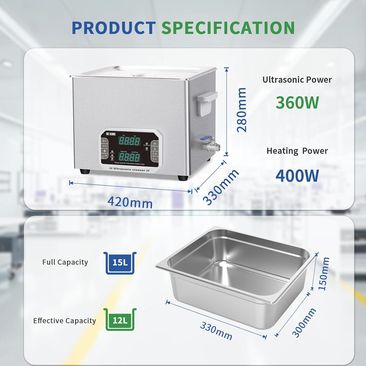 DK SONIC Professional Ultrasonic Cleaner 15L, 360W Heavy-Duty Sonic Cleaner with Timer,Heater&Touch Control, Multi-Application for Motorcycle Engines, Carburetors, Chains (Include Basket)