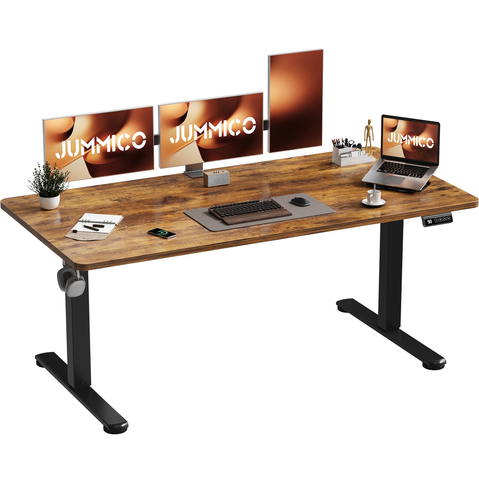 JUMMICO Electric Standing Desk 160 x 70 cm Home Office Height Adjustable Desk, Computer Lift Table with Smart Panel, Sit Stand Desk with Height Memory, Brown