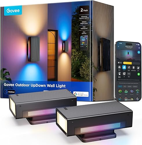 Govee Lámpara de pared para exteriores, paquete de 2, 1200 lm RGBICWW luces inteligentes para porche al aire libre con 64 modos de escena, aplique