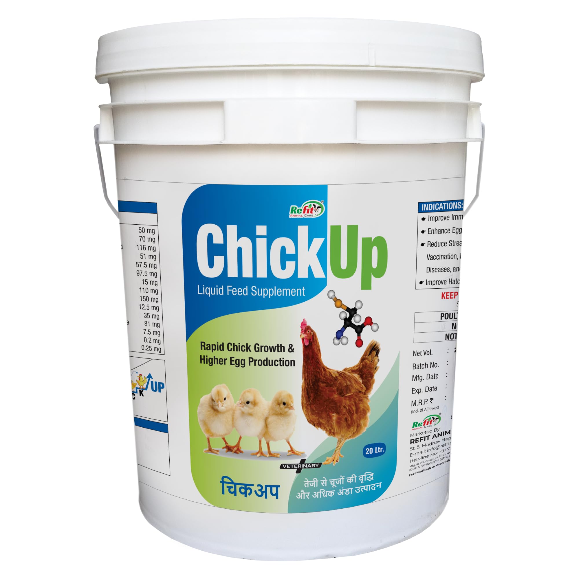 REFIT ANIMAL CARE Chicken Feed | Chicks Feed | Chick Food Fast Growth Supplement | Pre Starter & Multivitamin for Chicks | Growth Booster & Promoter | Chicken Supplement for Poultry, 20 LTR, Chick Up