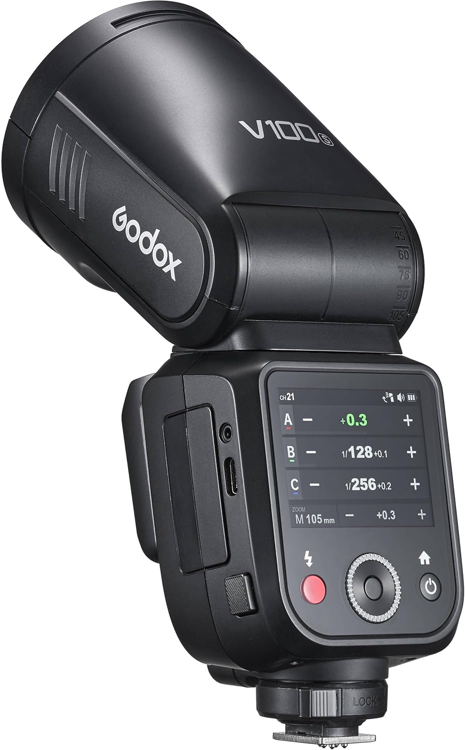 Godox V100 100W On-Camera Flash for Sony with 2.3-Inch Full-Color Touchscreen, Built-In 2.4G Wireless Sync, and Powerful Battery (Black)