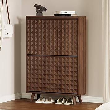 Shoe Cabinet - Shoe Storage Cabinet for Entryway with 2 Flip Drawers, Shoe Storage Organizer, Modern Diamond-Shaped Panel