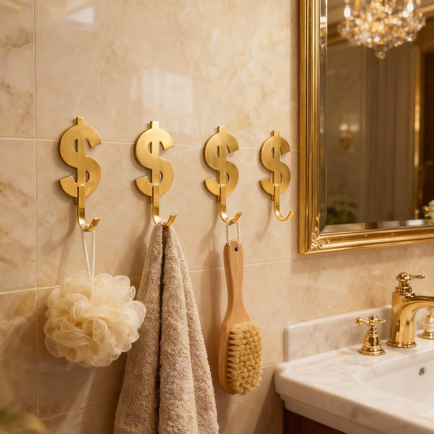 4 Pack Brushed Golden Dollar Sign Adhesive Towel Hooks Hold 6lbs Stainless Steel Self Adhesive Hooks — view 3