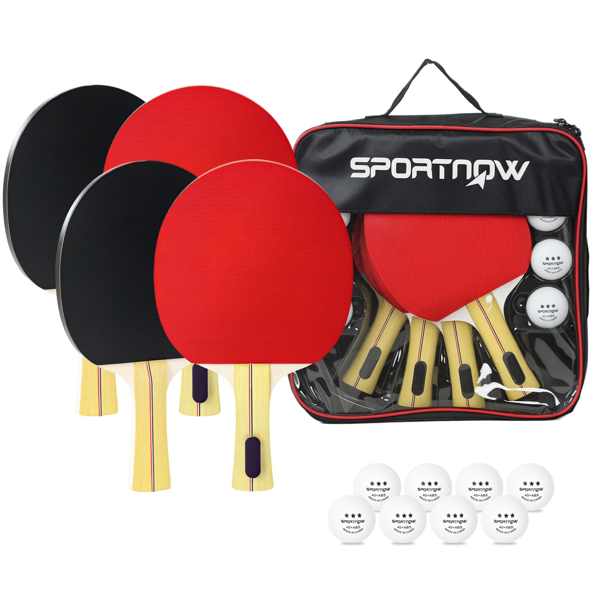 SPORTNOW Set di Racchette da Ping Pong e Palline, Set 4 Racchette per Tennis da Tavolo con Custodia per Principianti e Professionisti, Rosso e Nero