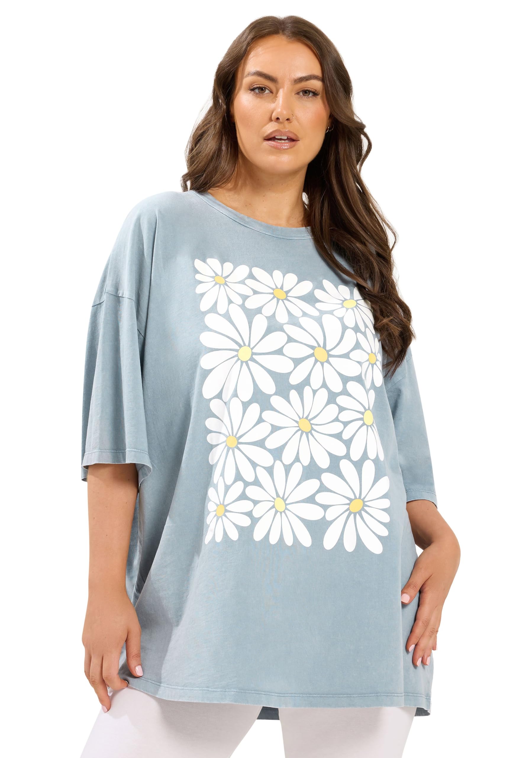 Yours Women's Baby Blue Acid Wash Boxy Daisy Print T-Shirt In Size 14 Infant