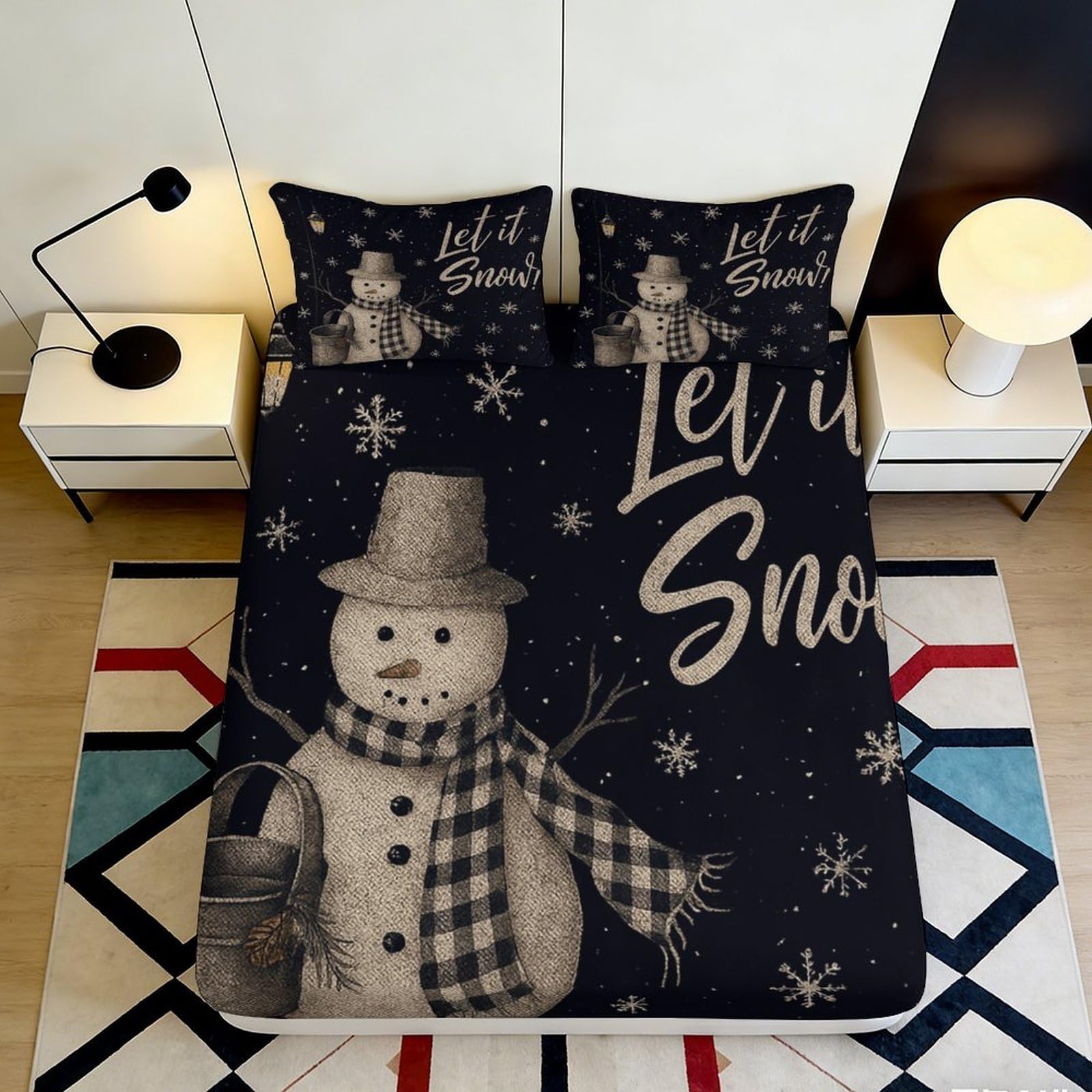 3D Printed Snowman Fitted Sheet Microfiber Deep Pocket Non-Slip Bedding Set for Adults Snowman Mattress Fitted Cover 200x200x25cm
