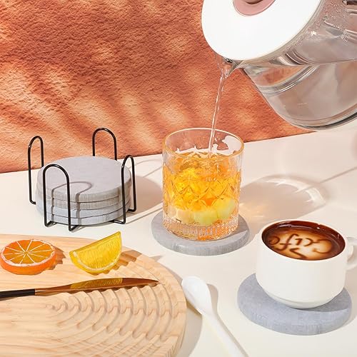 Miniatura 4 de Yaomiao 6 posavasos redondos absorbentes de tierra de diatomeas con soporte, aislamiento antideslizante, sin olor, gris, para plantas, con estante