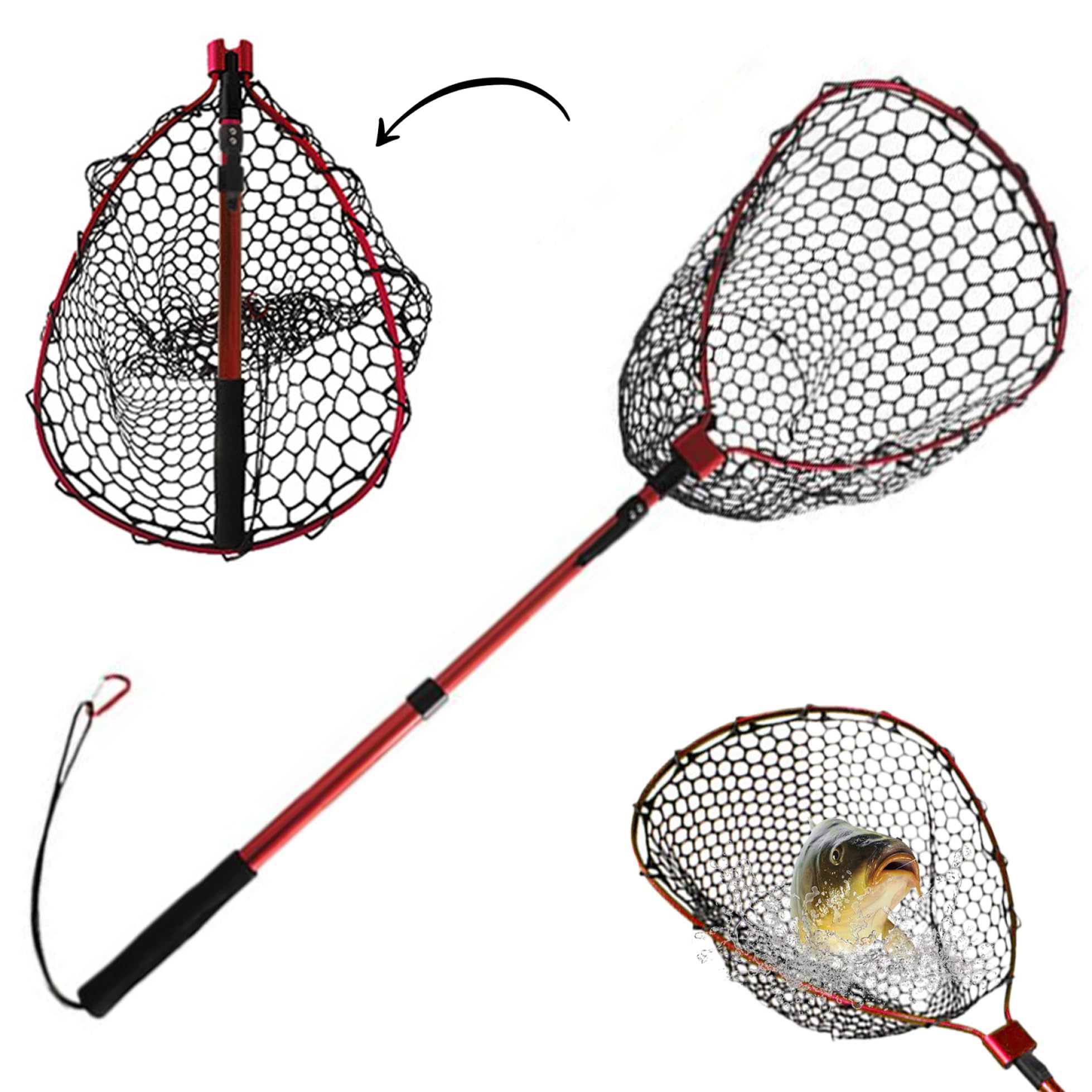Rete da pesca 48 Guadino in silicone pieghevole telescopico con palo in lega di alluminio e moschettone, gancio nylon, manico EVA e cinturino da polso elastico per la pesca