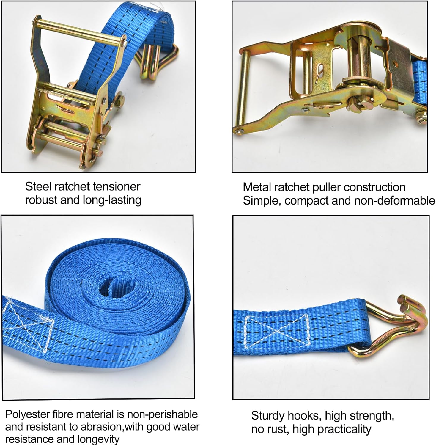 Ratchet Straps - 2 Pack 1.5 Inch Heavy Ratchet Duty Tie-Down Straps, Cargo Straps Ratcheting with Double J-Hook, 4400 LB Break Strength for Moving Cargo,Trucks,Trailer,Motorcycle,Kayaks,Car Roof(Blue) - Image 4