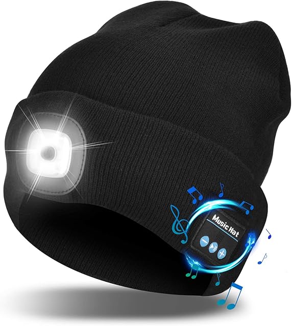 Etsfmoa Unisex Bluetooth Beanie Hat Light,4 LED USB Rechargeable Wireless Headphones Tech Caps,Gifts for Men Father Dad Husband Boyfriend Him Women Teen Boys