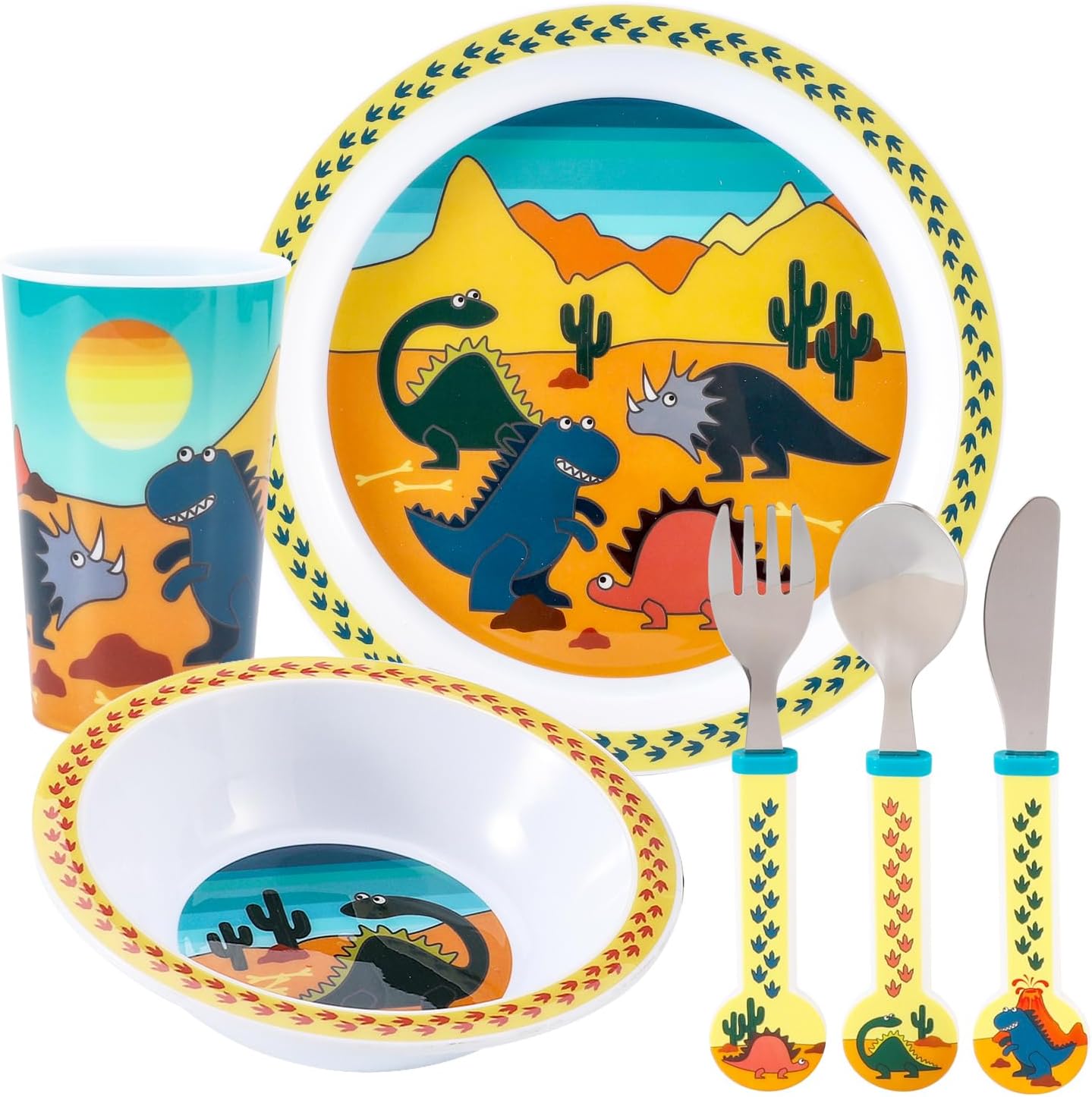 Kids 6 Piece Reusable Dinner Set - Plate/Bowl/Cup/Knife/Fork/Spoon - Childrens Dinnerware Tableware Cutlery Set (Dinosaur)
