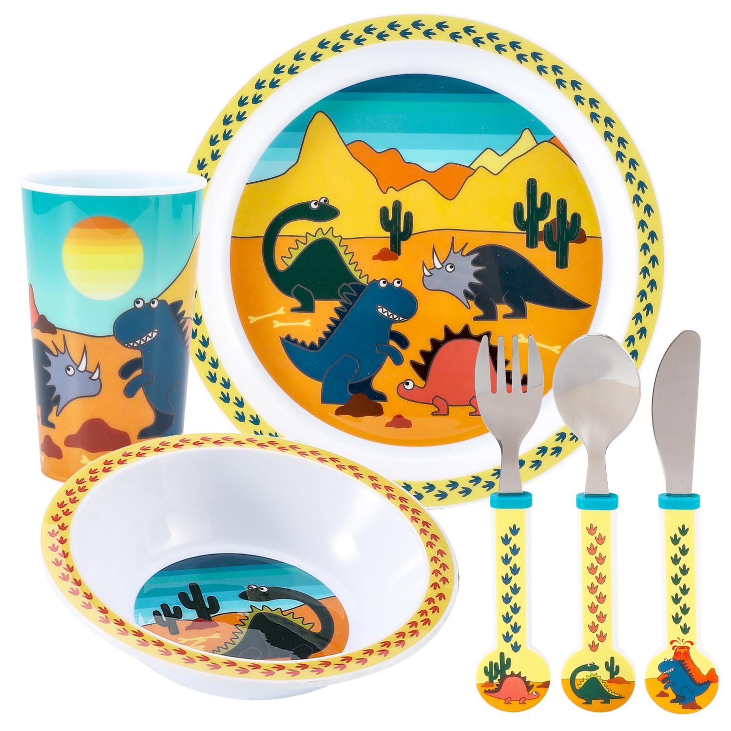 Dinosaur Kids 6 Piece Reusable Dinner Set - Plate/Bowl/Cup/Knife/Fork/Spoon - Childrens Dinnerware Tableware Cutlery Set