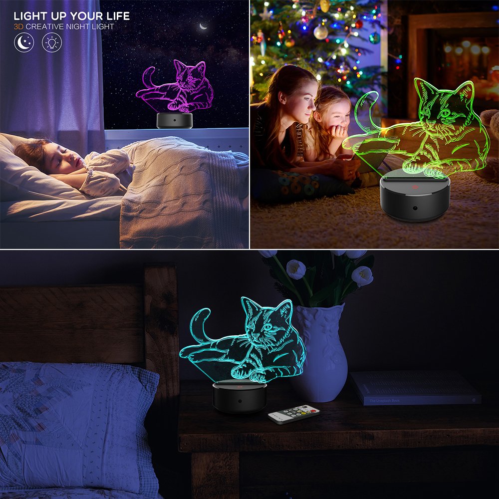 BEISHIDA Night Light 3D Pet Cat 3D Lamp Optical Illusion Nightlight Animals Bedside Lamp 7 Colors Changing LED Lamps with Remote Birthday Gifts for Girls Kids Baby Boys and Room Decor (Pet cat)