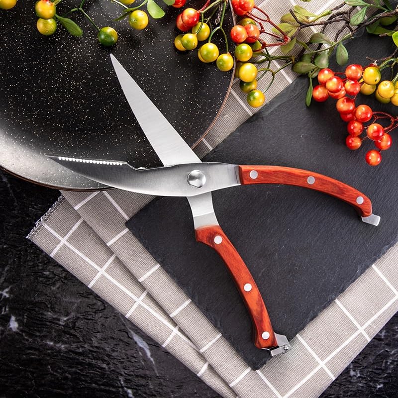 Tijeras de Cocina, Tijeras de Cocina, Cuchillo de Acero Inoxidable, Tijeras Resistentes para Aves de Corral para Cortar Carne, Pescado, Pollo, Hueso, Mango de Madera