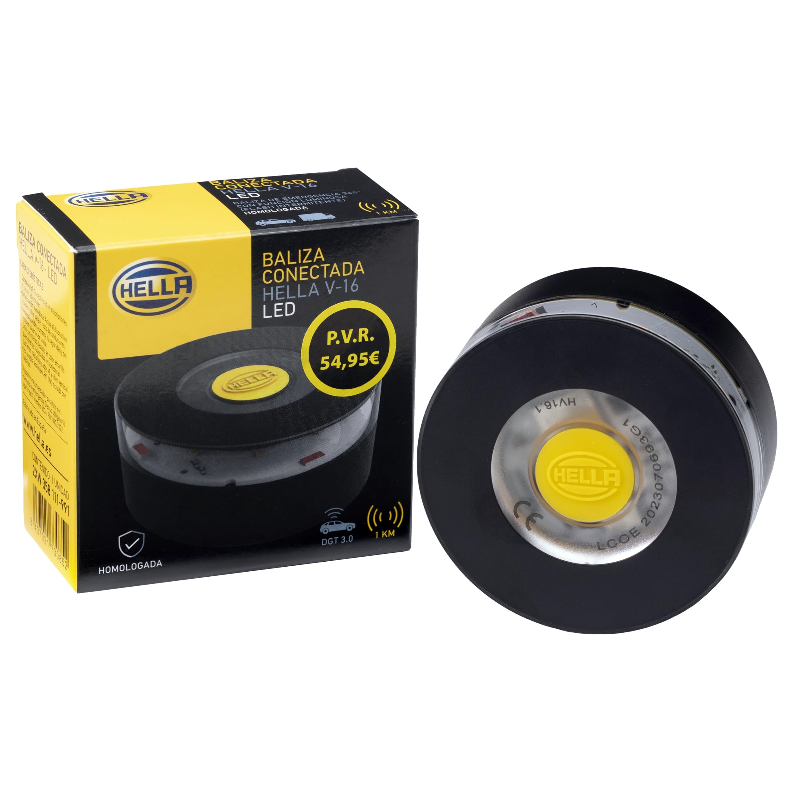 HELLA 2XW 358 111-991 - Baliza Conectada Hella V-16, Luz de Emergencia V16 con Geolocalización, Exigible a Partir de 2026, Baliza Conectada con DGT 3.0, Señal V-16, Luz Luminosa para Coches
