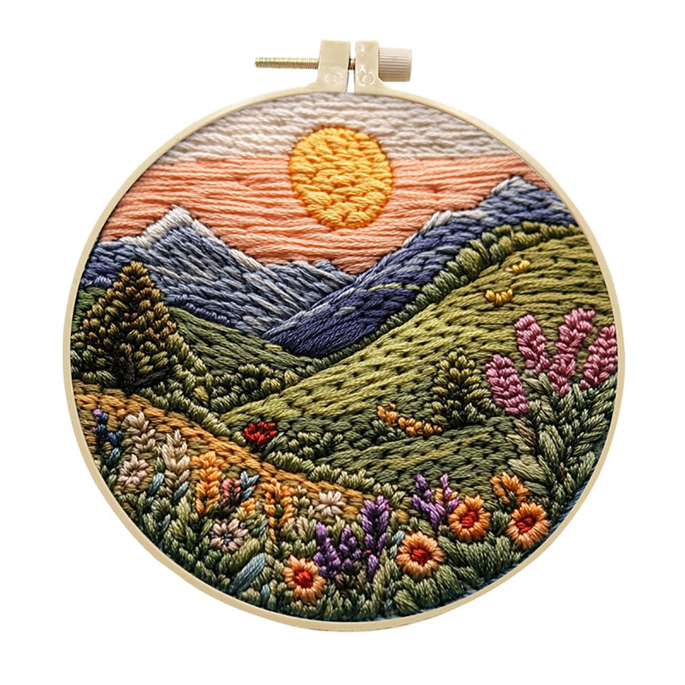 Eforcase Embroidery Starter Kit for Adult Beginner with Landscape Tree Mountain River Floral Nature Scenery Pattern Cross Stitch Hand Embroidery Set DIY Cross Stitch Kits with Hoops Needles Threads