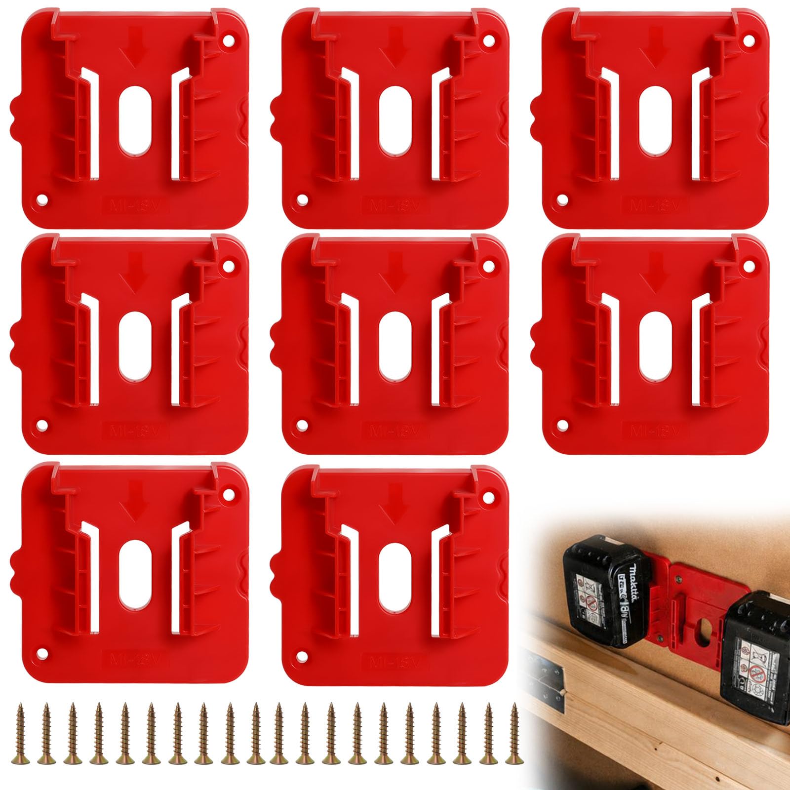 Lot de 8 Supports Batterie pour Milwaukee M18 18V, Porte-Batterie Mural | Compatible avec batteries Milwaukee M18 48-11-1815/1828/1850/1860, idéal pour murs, établis et coffres à outils