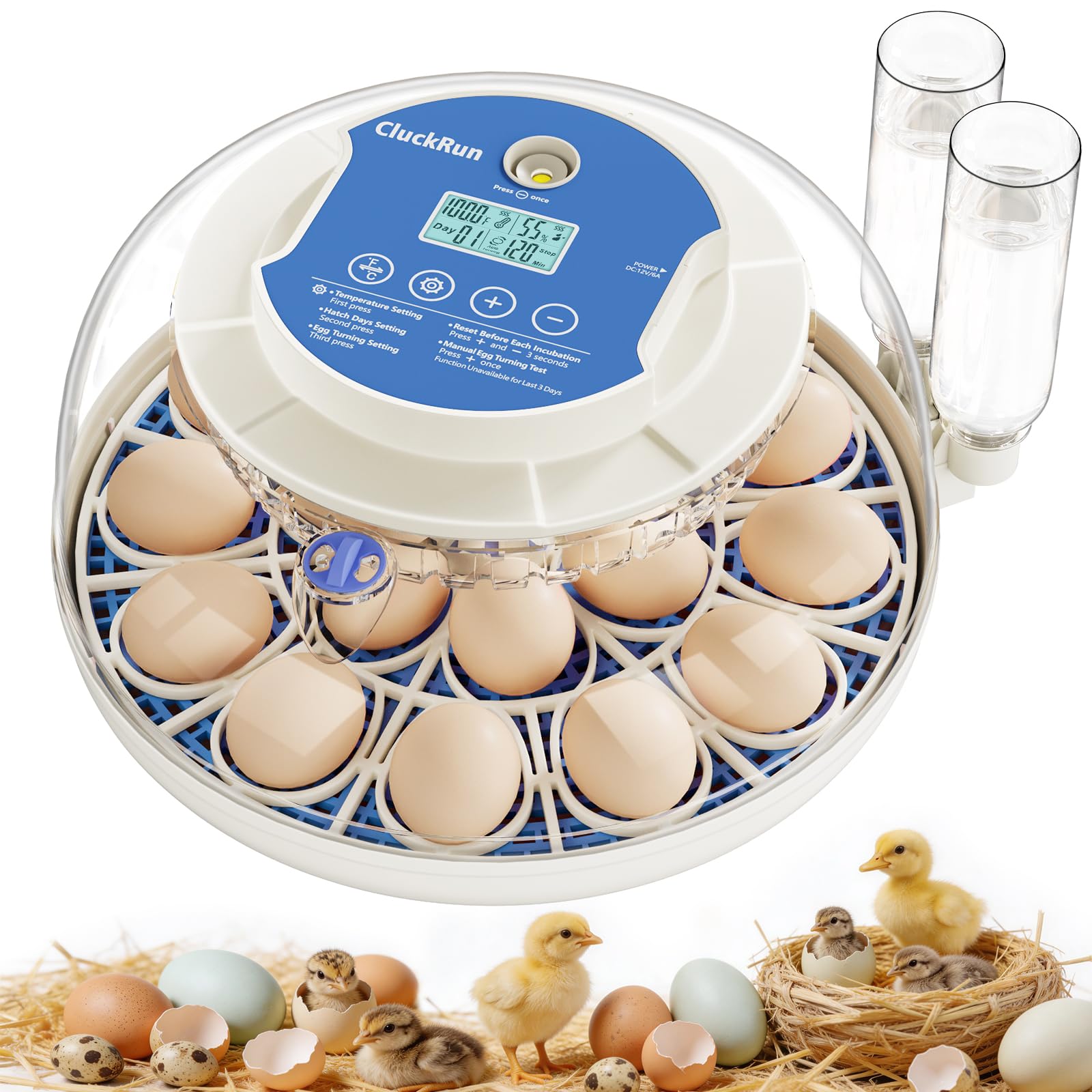 18 Egg Incubator, Hatch Day and Humidity Display, Automatic Turning and Stop, 2 Size Egg Trays, Candling Light, Automatic Water Refill, Air Vent, Hatching Chicken Quail Duck Turkey Goose Birds