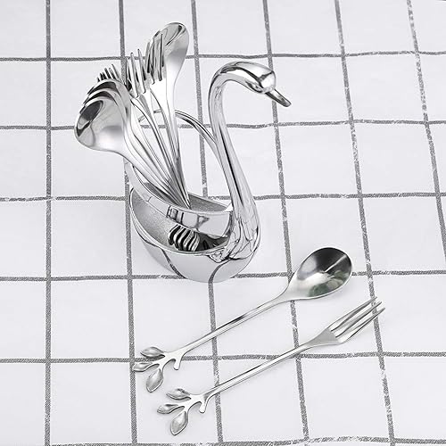 Miniatura 7 de AnSaw Soporte de base de cisne plateado con 20 cucharas de café con mango de hoja pequeña de 4.7 pulgadas (plata, 20)