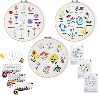 Embroidery Kits for Beginners Adults Cross Stitch Kit for Adult Beginners Embroidery Starter Kits with Flower Pattern Craft Kits for Adults, 3 Set of Embroidery Hoop, Embroidery Fabric, Needle, Thread