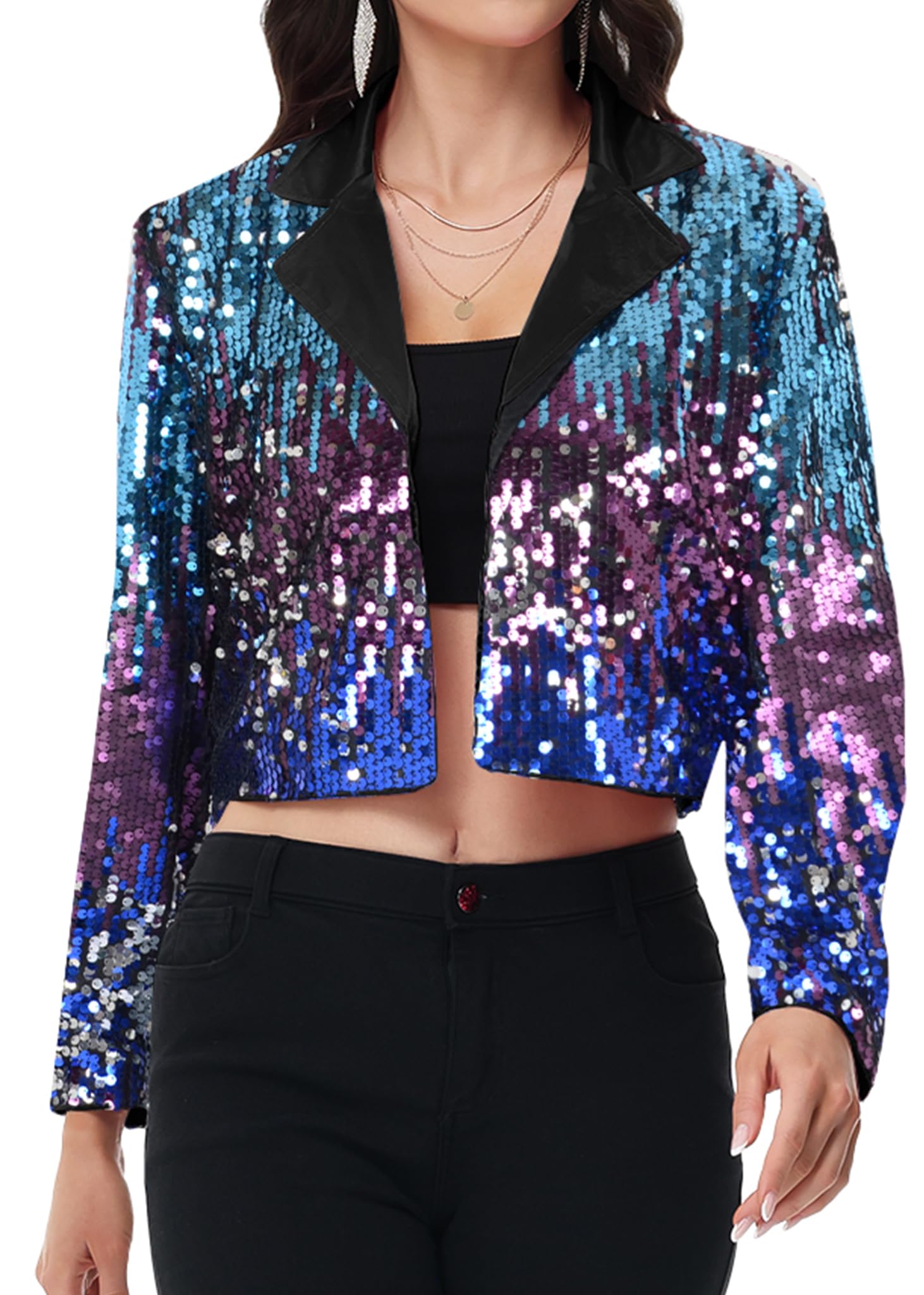Anna-Kaci Womens Sparkly Crop Sequin Blazer Jacket Long Sleeve Party Club Cardigan Out Black and Silver Large