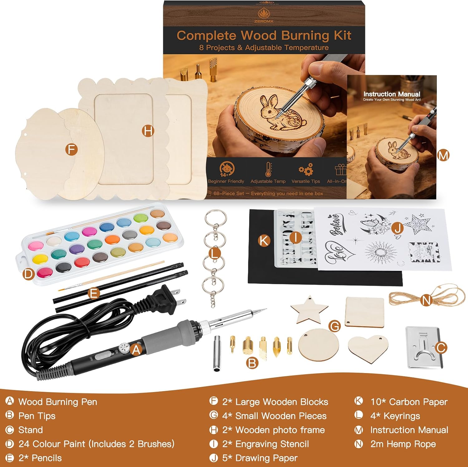 ZEROMX Wood Burning Kit - All-in-One Wood Burning Tool Pen Adjustable Temperature Wood Burner Kit Crafts Gifts for Adults & Teens, Woodburning Kits for Beginner Pyrography