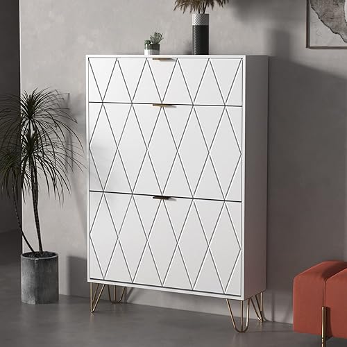 Miniatura 3 de UEV Zapatero organizador de almacenamiento independiente con cajones y patas de metal moderno armario de almacenamiento de zapatos con 3 cajones