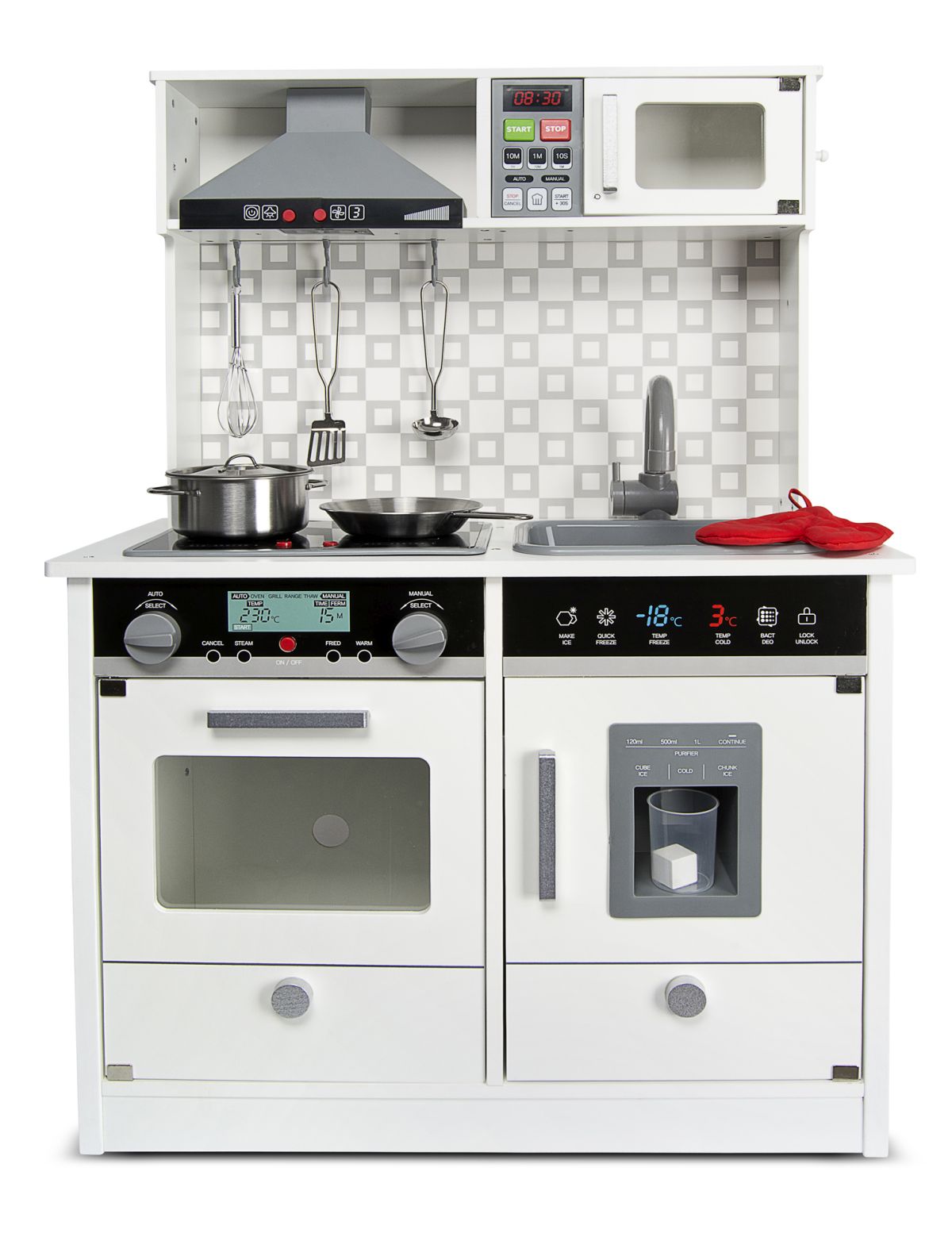 Leomark cucina in legno bianca, giocattolo per bambini, educazione tavola divertimento, cucina con accessori, colore MODERN WHITE, dimensioni: 65cm (L) x 30cm (W) x 94cm (H)