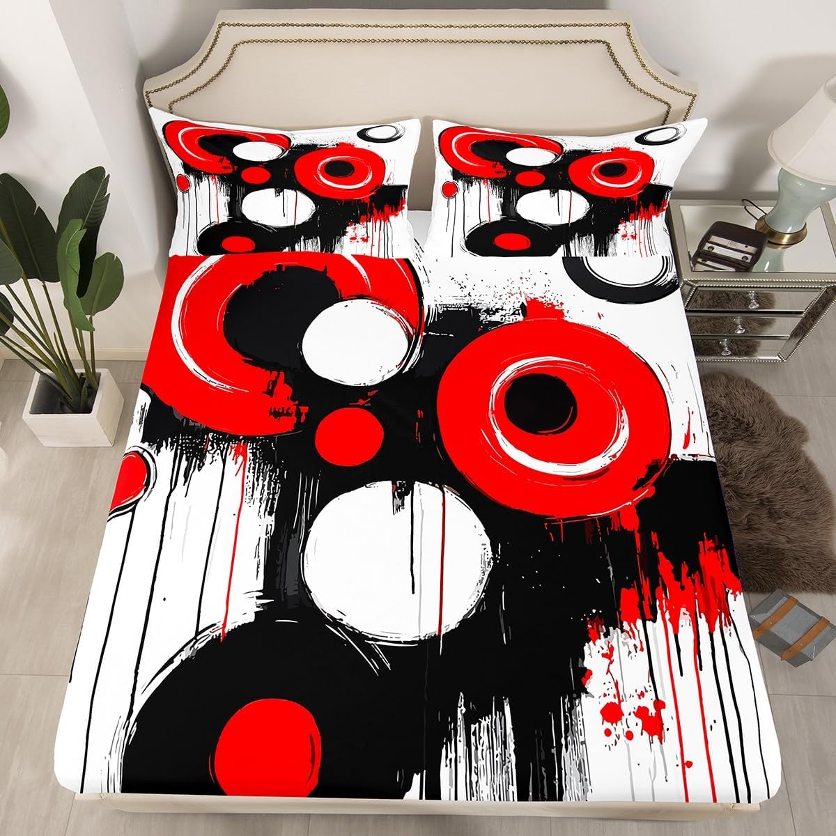 Feelyou Boys Girls Black Red Fitted Sheet Queen Size, Geometric Circle Bed Sheet Set Kids Modern Art Bedding Set Teens Bedroom Decor Bed Set 3Pcs (No TOP Sheet)