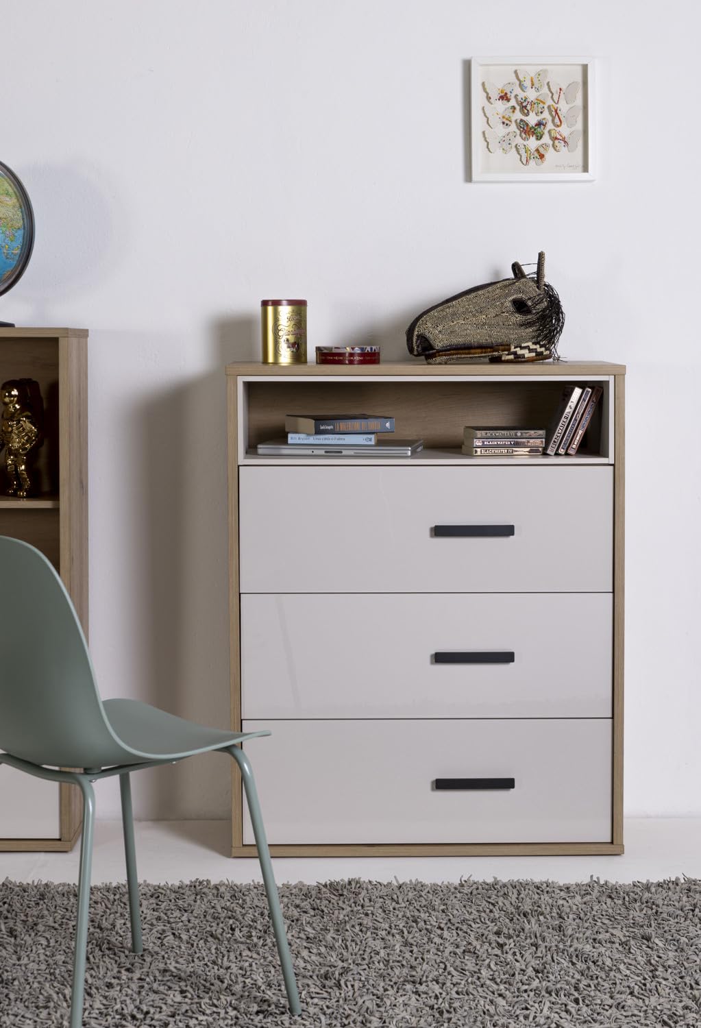 Composad | Cassettiera della Linea MIPIACE con 3 Cassetti per Cameretta, Mobile Contenitore per Bambini e Ragazzi, (LxAxP):89,3x112,1x40,5 cm, Rovere Mielato e Grigio Cashmere Laccato, Made In Italy