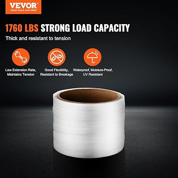 VEVOR Polyester Strapping Roll, 330' Length x 3/4 Width x 0.03 Thickness, 1763 lbs Break Strength, Heavy Duty Banding Pallet Strap Coil, Portable Strong Banding Packing Straps, White