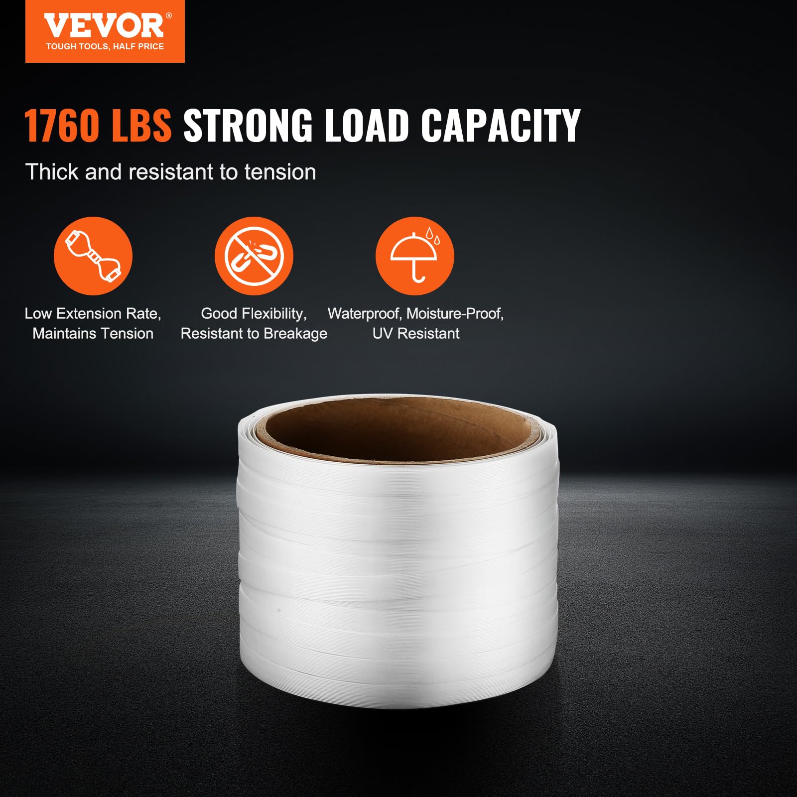 VEVOR Rollo de Fleje de Cinta Tejida para Embalaje 100m x 19mm x 0,9mm Carrete de Fleje Resistente para Palets Alta Resistencia de 800 kg Fleje de Embalaje Trenzado Portátil, Blanco