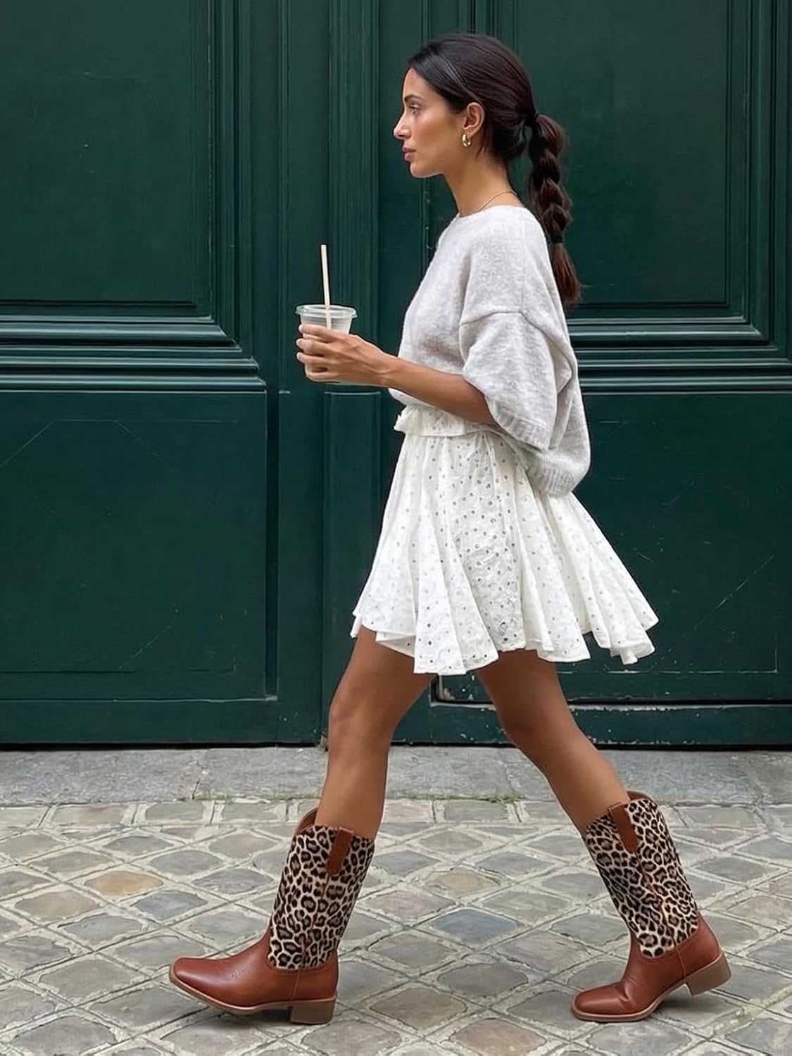 iiimmu Cowgirl Boots Mid Calf Boots Square Toe Chunky Low Heel Leopard Print Western with Embroidered Design